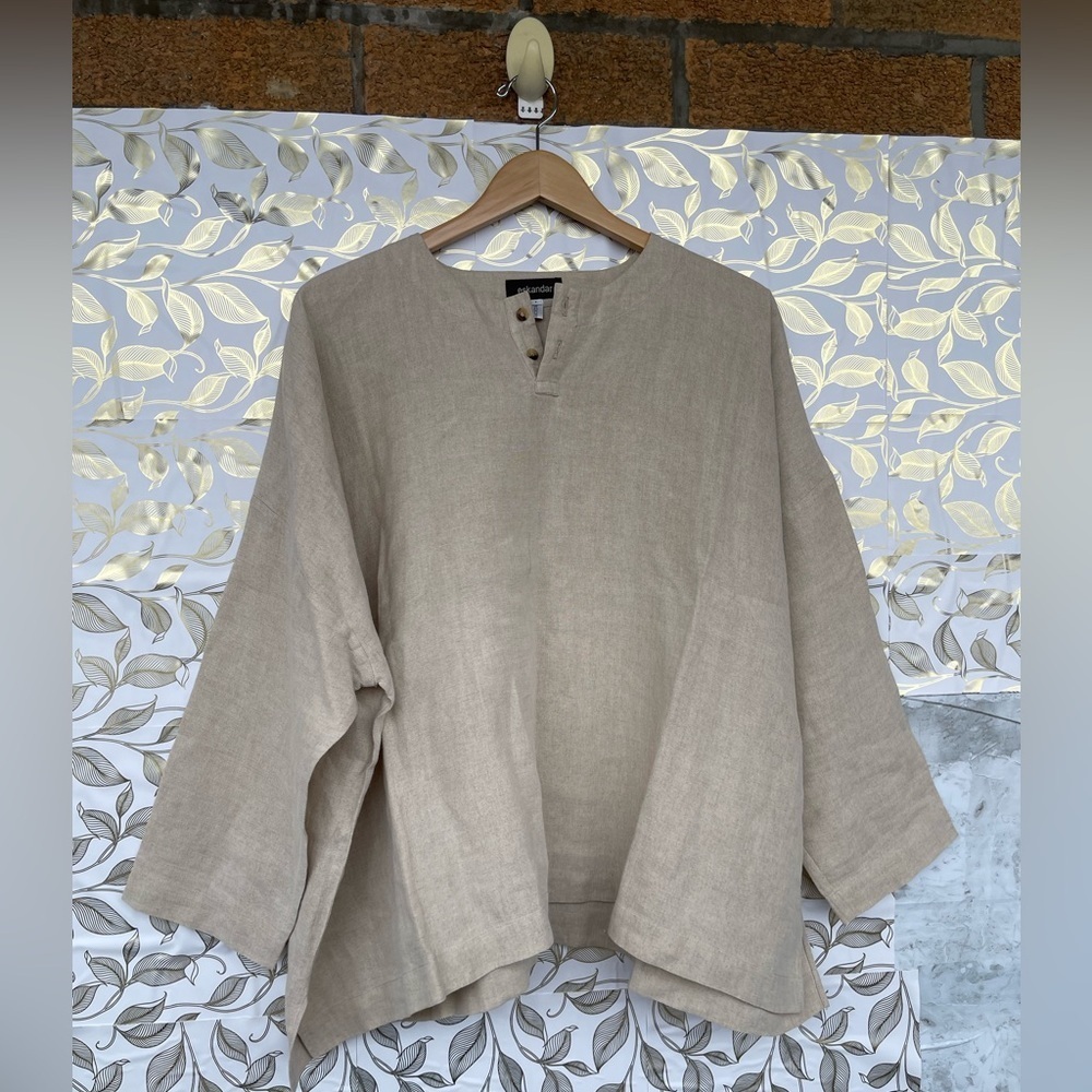 eskandar 100% Linen Oversized Henley Tunic - Neutral Lagenlook size 0/10/12
